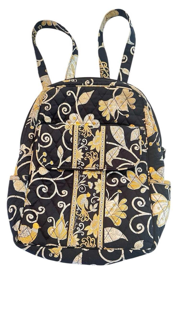 Vera Bradley Retired Print Quilted Backpack With Handle Black Yellow Bird Zip
